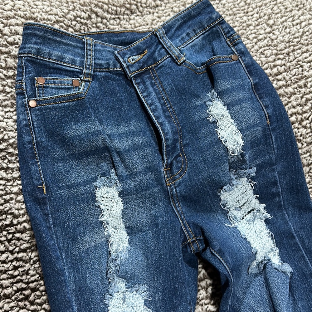 High Waisted Dark Blue Ripped Skinny Jeans - Picture 3 of 3